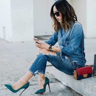Women's Red Quilted Leather Crossbody Bag, Teal Suede Pumps, Blue Ripped Skinny Jeans, Blue Denim Shirt