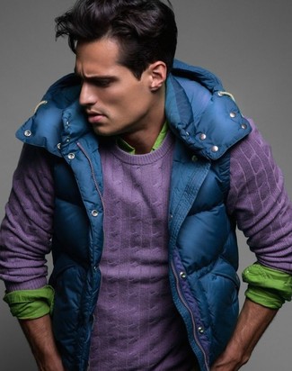 Teal Gilet Outfits For Men: Extra stylish, this casual pairing of a teal gilet and a purple crew-neck sweater will provide you with excellent styling possibilities.