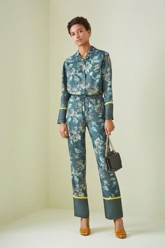 Olive Floral Jumpsuit Outfits: Make an olive floral jumpsuit your outfit choice to create an off-duty yet stylish look. Puzzled as to how to round off? Complete your ensemble with orange suede heeled sandals to ramp up the glam factor.