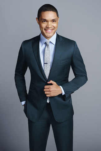Trevor Noah wearing Teal Suit, Light Blue Dress Shirt, Grey Tie