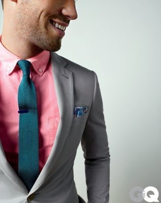 Men's Blue Plaid Pocket Square, Teal Knit Tie, Pink Dress Shirt, Grey Blazer