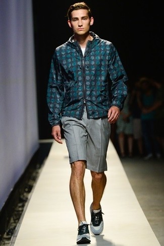 Teal Polka Dot Windbreaker Outfits For Men: A teal polka dot windbreaker and grey shorts are a pairing that every modern guy should have in his casual arsenal. If you wish to instantly play down your look with a pair of shoes, complement this ensemble with grey athletic shoes.