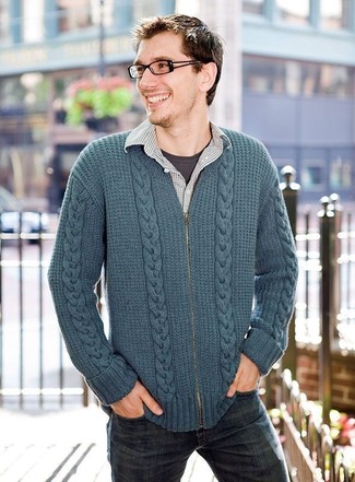 Teal Zip Sweater Outfits For Men: A teal zip sweater and navy jeans are totally worth being on your list of essential casual styles.