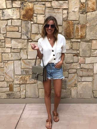 Women's Olive Print Leather Crossbody Bag, Brown Leather Thong Sandals, Blue Denim Shorts, White Button Down Blouse