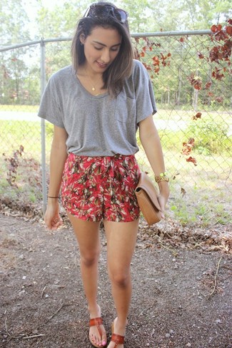 Women's Tan Leather Clutch, Tobacco Leather Thong Sandals, Red Floral Shorts, Grey Crew-neck T-shirt