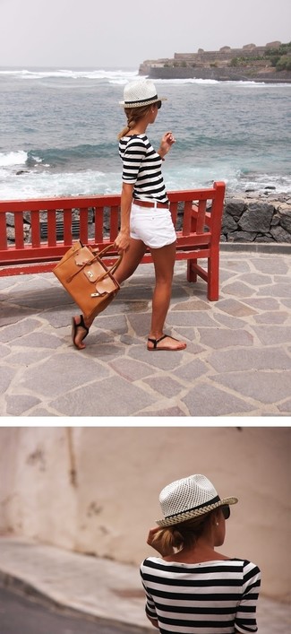 Women's Tan Leather Tote Bag, Black Leather Thong Sandals, White Shorts, White and Black Horizontal Striped Long Sleeve T-shirt