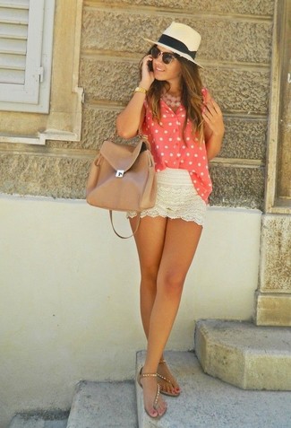Women's Tan Leather Satchel Bag, Tan Leather Thong Sandals, Beige Lace Shorts, Pink Polka Dot Sleeveless Button Down Shirt