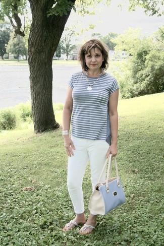 Grey Horizontal Striped Crew-neck T-shirt Outfits For Women: 