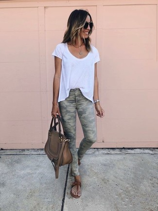 Women's Brown Leather Satchel Bag, Brown Leather Thong Sandals, Olive Camouflage Skinny Jeans, White Crew-neck T-shirt