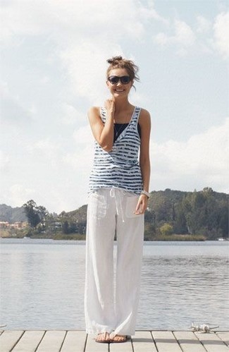 White and Navy Horizontal Striped Tank Outfits For Women: 