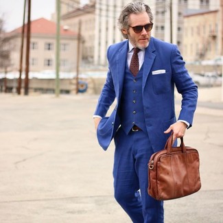 Men's Blue Three Piece Suit, White Vertical Striped Dress Shirt, Brown Leather Briefcase, Burgundy Print Tie