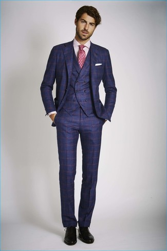 Burgundy Print Tie Outfits For Men: Combining a navy check three piece suit and a burgundy print tie is a fail-safe way to inject your styling rotation with some rugged sophistication. A pair of black leather brogues effortlessly amps up the wow factor of this look.