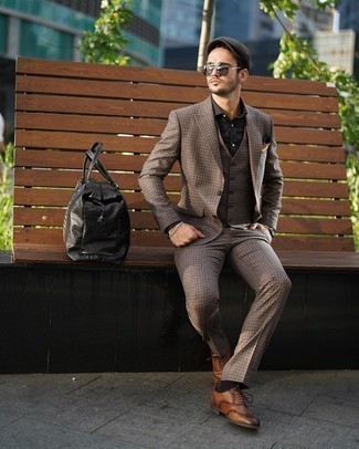 Brown Check Three Piece Suit Outfits: For elegant style with a fashionable spin, reach for a brown check three piece suit and a black dress shirt. A good pair of brown leather brogues is an easy way to upgrade this getup.