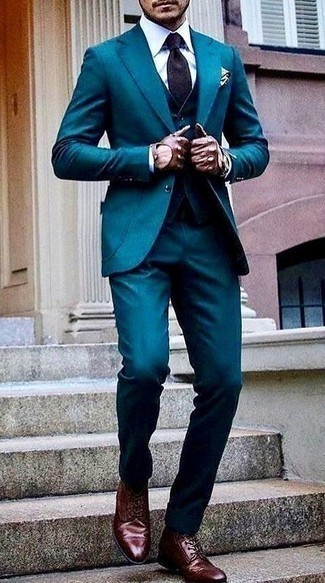 Purple Print Tie Dressy Outfits For Men: A teal three piece suit looks so elegant when combined with a purple print tie for an ensemble worthy of a complete gentleman. And if you wish to easily play down your outfit with shoes, why not opt for burgundy leather casual boots?