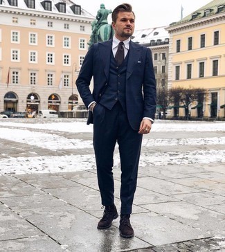 Dark Brown Tie Outfits For Men: Putting together a navy three piece suit and a dark brown tie is a guaranteed way to inject your day-to-day fashion mix with some manly refinement. Punch up this outfit with dark brown suede casual boots.
