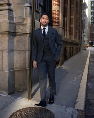 Blue Plaid Suit Outfits: Swing into something polished and timeless in a blue plaid suit and a white dress shirt. Got bored with this outfit? Let black leather chelsea boots shake things up.