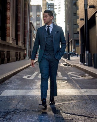 Navy Plaid Suit Outfits: For an outfit that's sharp and gasp-worthy, consider wearing a navy plaid suit and a white dress shirt. Infuse a more laid-back spin into your outfit by rocking black leather chelsea boots.
