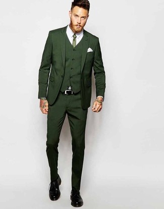 Dark Green Suit Outfits: Go for a dark green suit and a white dress shirt and you're bound to make ladies go weak in the knees. A trendy pair of black leather derby shoes is an effective way to add a hint of stylish nonchalance to your getup.
