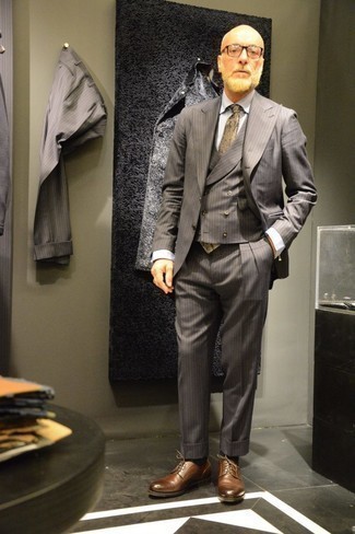Charcoal Vertical Striped Three Piece Suit Outfits: For a look that's classy and truly gasp-worthy, try pairing a charcoal vertical striped three piece suit with a white dress shirt. Bring a more relaxed twist to this look by sporting a pair of brown leather derby shoes.