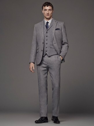 Grey Three Piece Suit Outfits: This pairing of a grey three piece suit and a white dress shirt will add classy essence to your ensemble. Go ahead and introduce black leather derby shoes to the mix for a dose of stylish effortlessness.