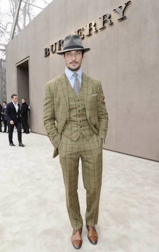 Grey Wool Hat Outfits For Men: When the setting permits a laid-back look, pair an olive three piece suit with a grey wool hat. Not sure how to complement this look? Rock tan leather derby shoes to step up the fashion factor.