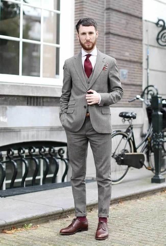 Men's Grey Three Piece Suit, White Dress Shirt, Brown Leather Derby Shoes, Burgundy Tie