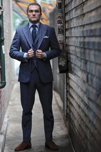 Blue Three Piece Suit Outfits: Try teaming a blue three piece suit with a light blue dress shirt for incredibly smart attire. And if you need to effortlessly dress down this ensemble with a pair of shoes, add brown suede derby shoes to the mix.