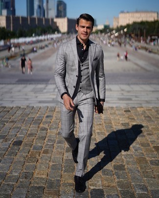 Grey Check Suit Outfits: For an outfit that's dapper and camera-worthy, wear a grey check suit with a black dress shirt. All you need now is a pair of black leather derby shoes to complement your outfit.