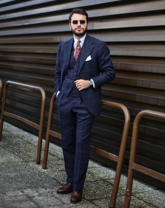 Navy Check Three Piece Suit Outfits: Dress in a navy check three piece suit and a light blue dress shirt to exude class and refinement. A trendy pair of dark brown leather derby shoes is the most effective way to add a confident kick to the getup.