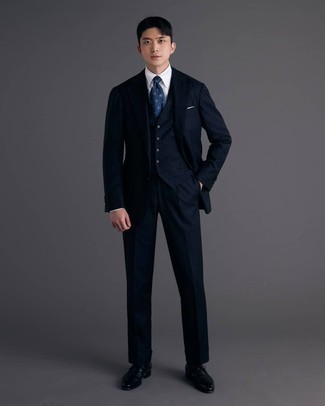 Men's Navy Vertical Striped Three Piece Suit, White Dress Shirt, Navy Leather Derby Shoes, Navy and White Print Tie