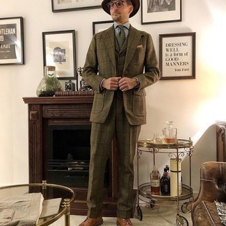 Men's Olive Check Three Piece Suit, Grey Dress Shirt, Brown Leather Derby Shoes, Dark Brown Wool Hat