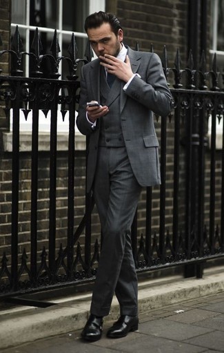 Grey Three Piece Suit Outfits: Combining a grey three piece suit with a white dress shirt is a great choice for a classic and polished look. For times when this outfit is just too much, dial it down by rocking a pair of black leather double monks.