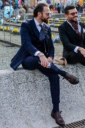 Navy Check Suit Outfits: A navy check suit and a white dress shirt are absolute wardrobe heroes if you're piecing together a classy closet that holds to the highest sartorial standards. The whole look comes together perfectly if you complete this getup with a pair of dark brown leather double monks.