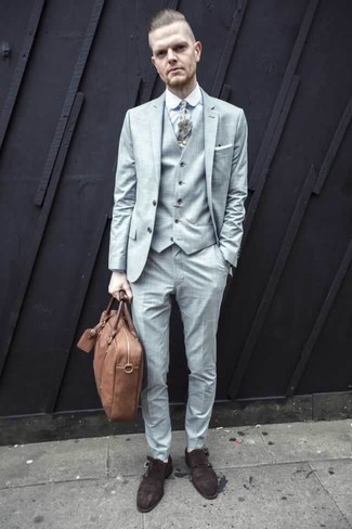 Dark Brown Leather Briefcase Dressy Outfits: A light blue three piece suit looks so laid-back and cool when paired with a dark brown leather briefcase. A pair of dark brown suede double monks immediately dials up the fashion factor of your look.