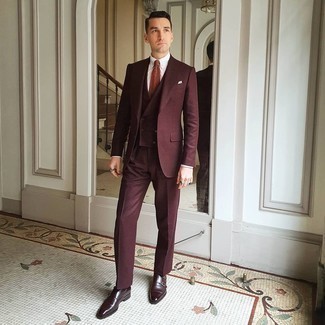 Brown Print Tie Outfits For Men: A burgundy three piece suit and a brown print tie are absolute staples if you're putting together a smart wardrobe that matches up to the highest menswear standards. Finishing with burgundy leather double monks is a surefire way to bring a playful vibe to this look.
