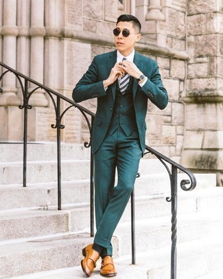 Dark Green Horizontal Striped Tie Outfits For Men: For a look that's polished and truly gasp-worthy, pair a dark green three piece suit with a dark green horizontal striped tie. A pair of tobacco leather double monks introduces a more dressed-down aesthetic to the outfit.