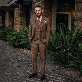 Brown Check Three Piece Suit Outfits: Make a brown check three piece suit and a pink dress shirt your outfit choice for outrageously dapper attire. And if you wish to instantly play down this look with one single item, why not add a pair of burgundy leather double monks to the mix?