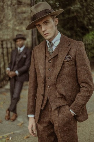 Brown Print Pocket Square Warm Weather Outfits: A brown wool three piece suit and a brown print pocket square married together are a perfect match.