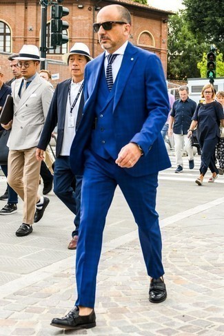 Blue Plaid Suit Outfits: For a look that's sophisticated and totally gasp-worthy, go for a blue plaid suit and a white dress shirt. If in doubt as to the footwear, stick to black leather loafers.