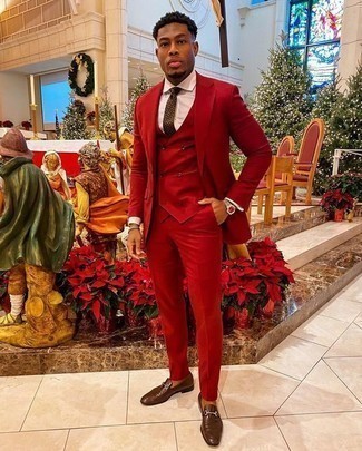 Red Three Piece Suit Outfits: You'll be surprised at how easy it is to put together this refined look. Just a red three piece suit and a white dress shirt. A pair of brown leather loafers can immediately dial down an all-too-polished look.