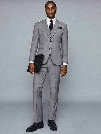 Men's Grey Three Piece Suit, White Dress Shirt, Dark Green Leather Loafers, Black Leather Zip Pouch