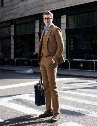 Men's Tan Three Piece Suit, Light Blue Vertical Striped Dress Shirt, Brown Leather Loafers, Navy Canvas Tote Bag