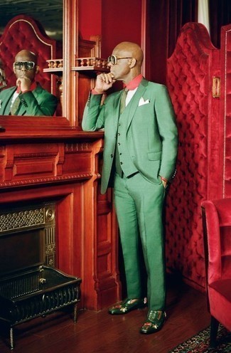 Mint Print Tie Outfits For Men: Go for a green three piece suit and a mint print tie - this look is bound to make heads turn. And if you need to effortlessly play down your ensemble with one item, add a pair of green leather loafers to the equation.