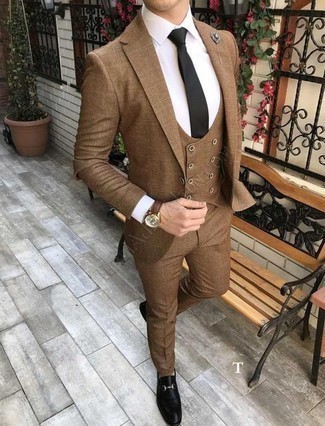 Tobacco Three Piece Suit Outfits: Team a tobacco three piece suit with a white dress shirt for seriously dapper style. Infuse a more laid-back twist into your look with black leather loafers.