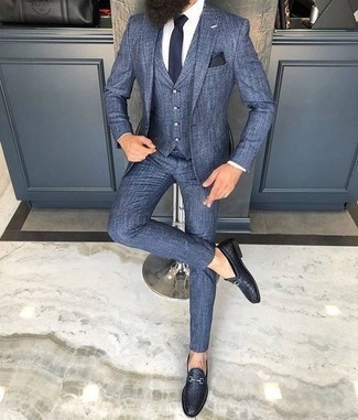 Navy Woven Leather Loafers Outfits For Men: Solid proof that a blue three piece suit and a white dress shirt are amazing when married together in a polished ensemble for a modern gentleman. A cool pair of navy woven leather loafers is an easy way to infuse a dash of stylish effortlessness into this look.