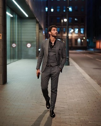 Black Dress Shirt Outfits For Men: Definitive proof that a black dress shirt and a charcoal three piece suit look awesome if you wear them together in a refined getup for a modern man. A pair of black leather loafers instantly boosts the wow factor of this look.