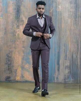 Purple Three Piece Suit Outfits: This is irrefutable proof that a purple three piece suit and a multi colored vertical striped dress shirt look amazing paired together in a polished outfit for a modern guy. For something more on the relaxed side to finish off your getup, add a pair of black leather loafers to the mix.