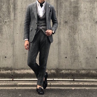 White Dress Shirt with Grey Wool Suit Dressy Outfits: This sophisticated combination of a grey wool suit and a white dress shirt will allow you to assert your styling savvy. Puzzled as to how to finish? Introduce black leather loafers to the equation for a more laid-back take.