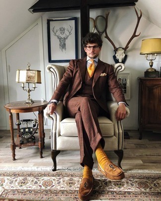 Mustard Socks Outfits For Men: Fashionable and functional, this off-duty combo of a brown plaid three piece suit and mustard socks brings wonderful styling possibilities. Tap into some David Beckham dapperness and class up your look with brown embroidered suede loafers.