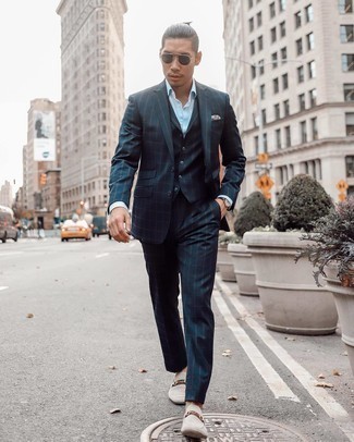 Navy Check Three Piece Suit Outfits: No doubt, you'll look modern and dapper in a navy check three piece suit and a light blue dress shirt. Finishing with a pair of beige suede loafers is a guaranteed way to inject a dose of stylish casualness into your look.